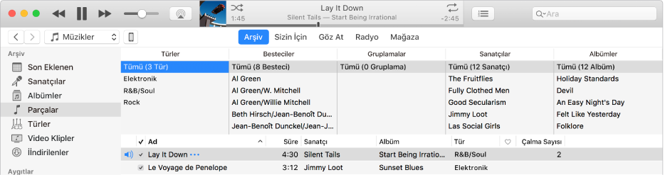iTunes ana penceresi: Kenar çubuğunun sağında ve parça listesinin üstünde sütun tarayıcı vardır.