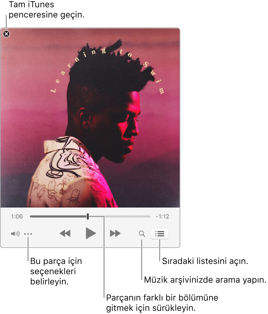 Çalmakta olan parçanın denetimlerini gösteren genişletilmiş Mini Çalar. Sol üst köşede tam iTunes penceresine geçmek için kullanabileceğiniz kapat düğmesi bulunur. Pencerenin alt kısmında ise sürükleyerek parçanın farklı bölümlerine geçmenizi sağlayan bir sürgü bulunur. Sol taraftaki sürgünün altında, çalmakta olan parça için görüntü seçeneklerini ve diğer seçenekleri seçebileceğiniz Eylem Menüsü düğmesi var. Sürgünün altında en sağda, müzik arşivinde arama yapmak için büyüteç ve sıradaki parçayı görmek için Sıradaki listesi olmak üzere iki düğme yer alır.