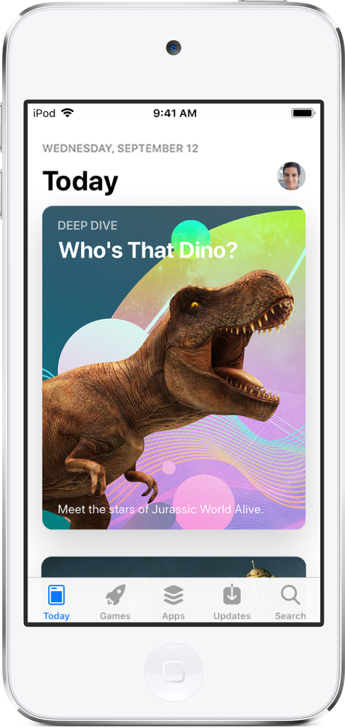شاشة Today في App Store تعرض أحد التطبيقات المميزة. تظهر صورتك الشخصية، والتي يمكنك الضغط عليها لعرض المشتريات، في أعلى اليمين. على طول الجزء السفلي، من اليسار إلى اليمين، علامات التبويب Today، وGames، وApps، وUpdates، وSearch.