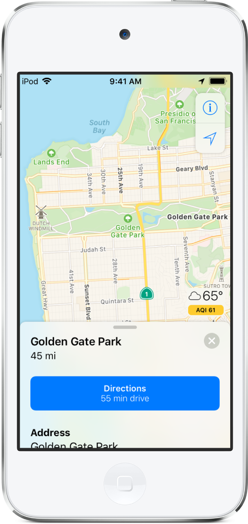 خريطة شارع في سان فرانسيسكو. مع وجود حديقة غولدن غيت في المنتصف. زر الاتجاهات يظهر في أسفل الشاشة.
