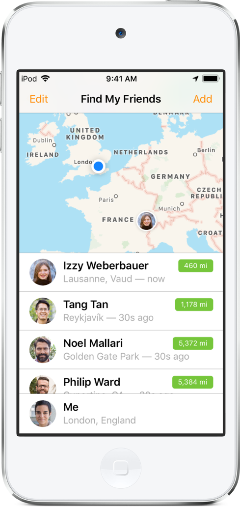 Obrazovka aplikace Najít přátele s mapou v horní části, na které se zobrazuje poloha přátel, a seznamem v dolní části, kde vidíte jména přátel, jejich polohu a vzdálenost od vás