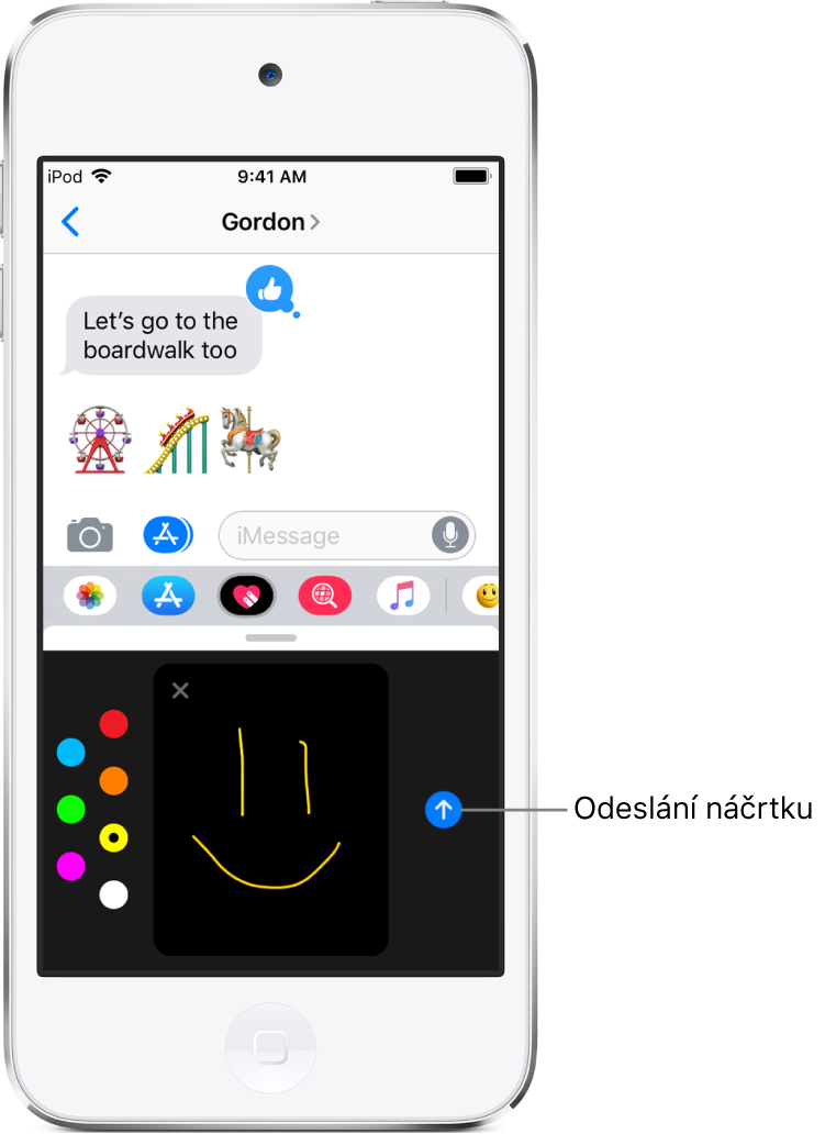 Okno aplikace Zprávy s obrazovkou Digital Touch dole. Vlevo je výběr barev, uprostřed je místo pro kreslení a vpravo je tlačítko Odeslat.