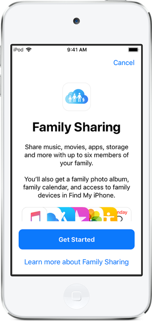 Počáteční obrazovka nastavení rodinného sdílení se seznamem položek, které můžete s rodinou sdílet – hudba, filmy, aplikace, úložiště, rodinné fotoalbum a rodinný kalendář. V dolní části se nachází tlačítko Začít a odkaz na další informace o rodinném sdílení.