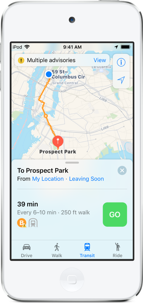 Mapa veřejné dopravy v New Yorku s linkou mezi zastávkami 59 Street – Columbus Circle a Prospect Park. Na kartě trasy v dolní části je uvedeno, že jedna souprava brzy vyjíždí a další pojedou v intervalu 6–10 minut. Stanice se nachází ve vzdálenosti 75 m od vaší aktuální polohy.