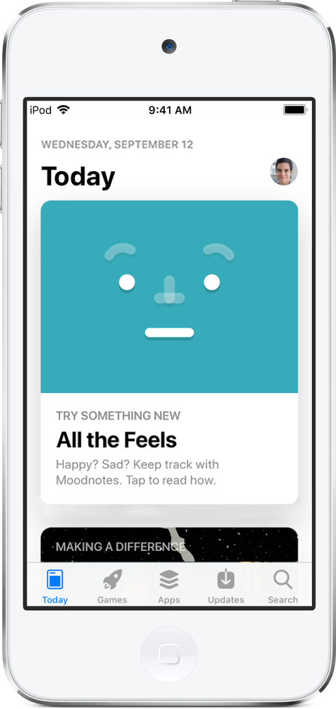 Skærmen I dag i App Store, der viser en udvalgt app. Langs med bunden af skærmen vises fra venstre mod højre fanerne I dag, Spil, Apps, Opdateringer og Søg.
