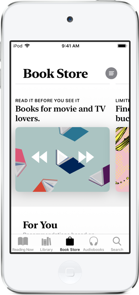 En skærm, der viser boghandlen i appen Bøger. I bunden af skærmen vises, fra venstre mod højre, fanerne Læser nu, Bibliotek, Boghandel, Lydbøger og Søg – fanen Boghandel er valgt. Skærmen viser også bøger og kategorier af bøger, du kan købe eller gennemse.