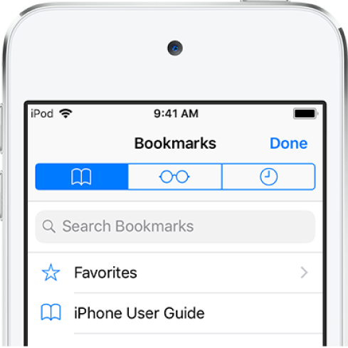 Skærmen Bogmærker, med indstillinger til at se favoritter og browserhistorik samt bogmærker.