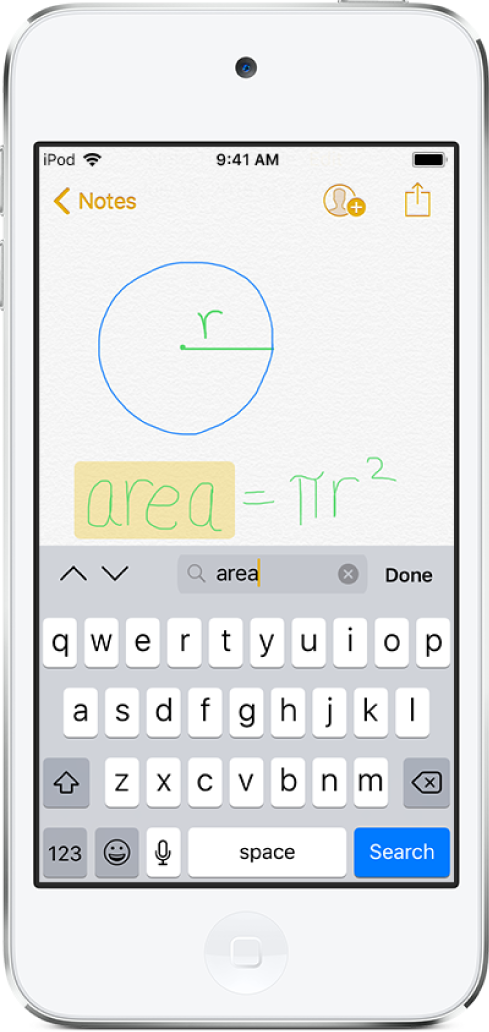 En note med håndskrift, der kan søges i. Ordet “area” er skrevet i søgefeltet og markeret i noten.