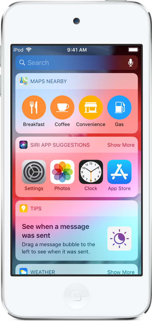 Dagsoversigt, der viser widgets til Kort i nærheden, Siri-appforslag, Tips og Vejr.
