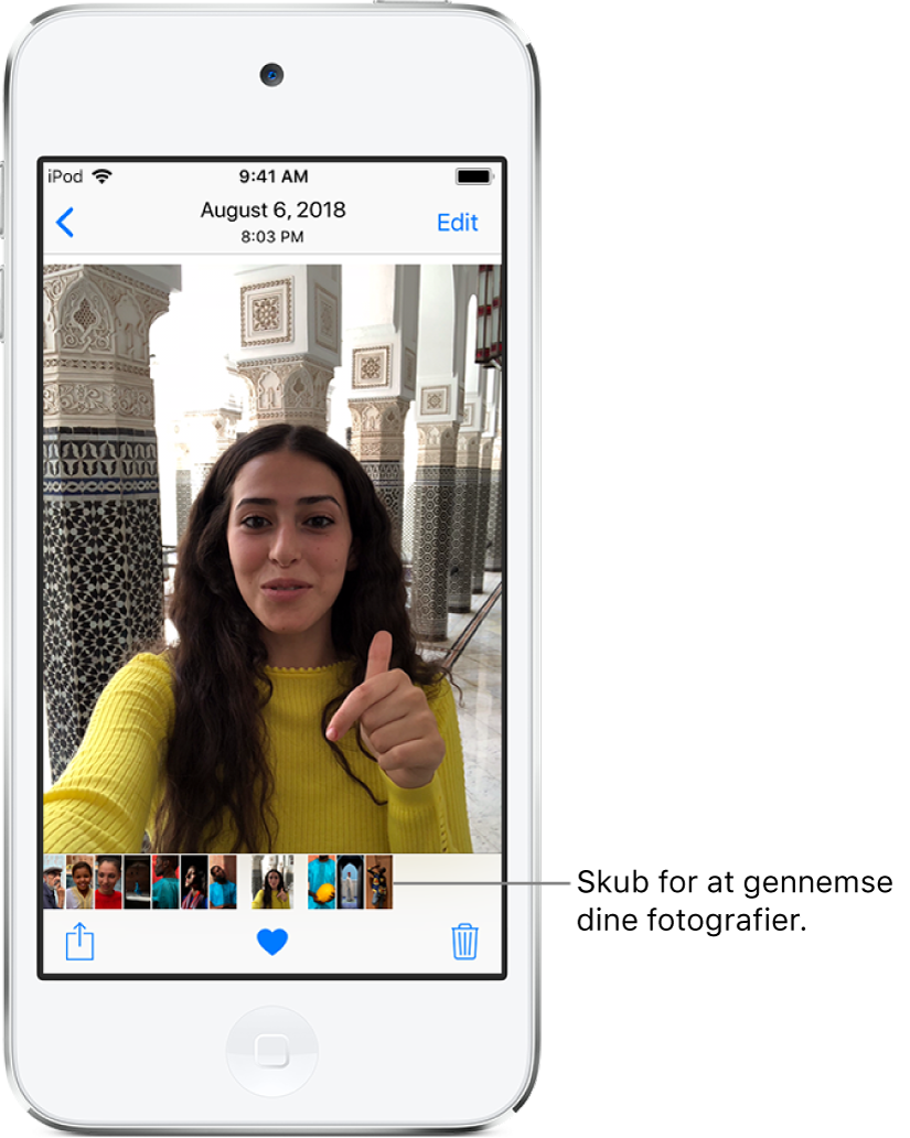 Et foto med miniaturer af andre fotos langs skærmens bund. Øverst til venstre findes tilbageknappen, som fører dig tilbage til den fane, du gennemså. Langs bunden findes knapperne Del, Synes om og Slet. Øverst til højre findes knappen Rediger.