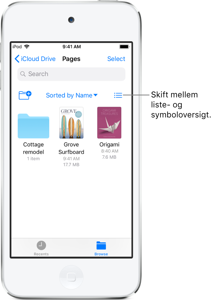 En iCloud Drive-placering til Pages-arkiver. Emnerne er sorteret efter navn og består af en mappe, der hedder Cottage remodel, og to dokumenter: Grove Surfboard og Origami.