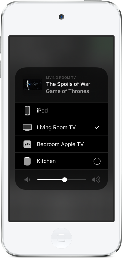 Ein geöffnetes AirPlay-Fenster zeigt den Titel einer Folge für eine TV-Sendung an. Darunter befindet sich eine Liste der AirPlay-Geräte. Die Option für das Fernsehgerät im Wohnzimmer ist ausgewählt. Unten im Fenster wird ein Lautstärkeregler angezeigt.