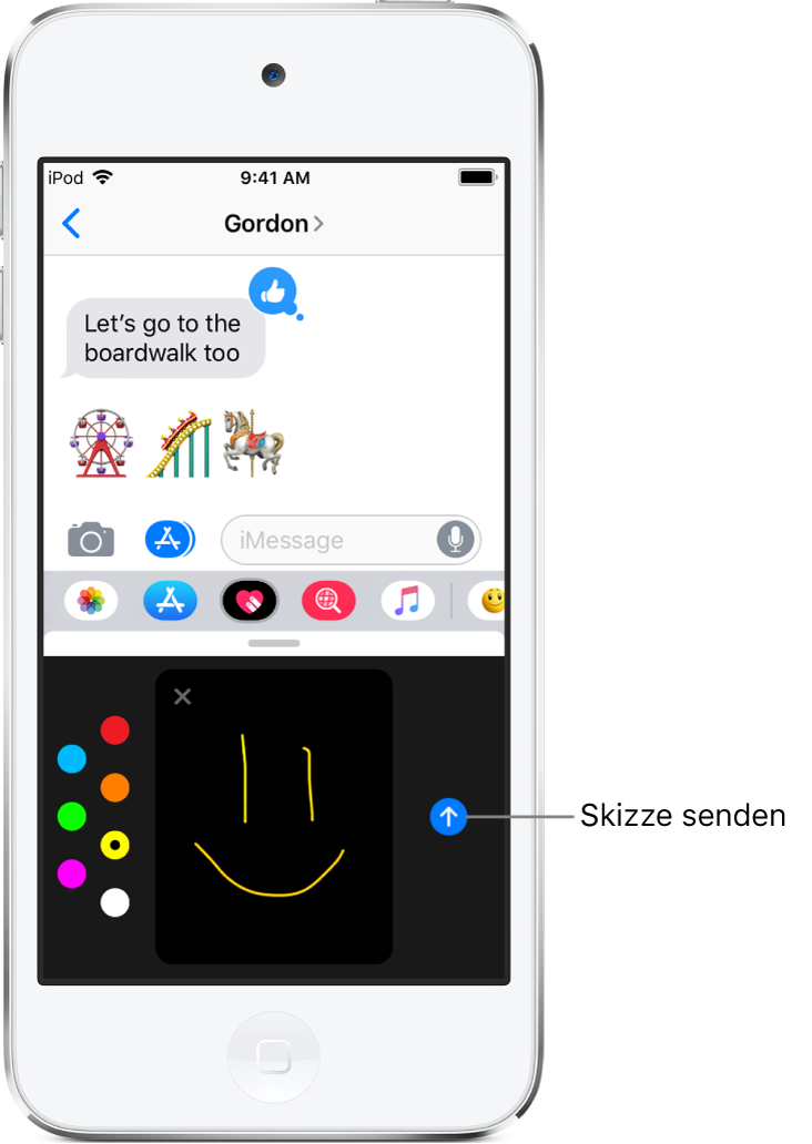 Ein Fenster der App „Nachrichten“ mit dem Bildschirm „Digital Touch“ unten. Links befindet sich die Farbauswahl, in der Mitte der Zeichenbereich und rechts die Taste „Senden“.