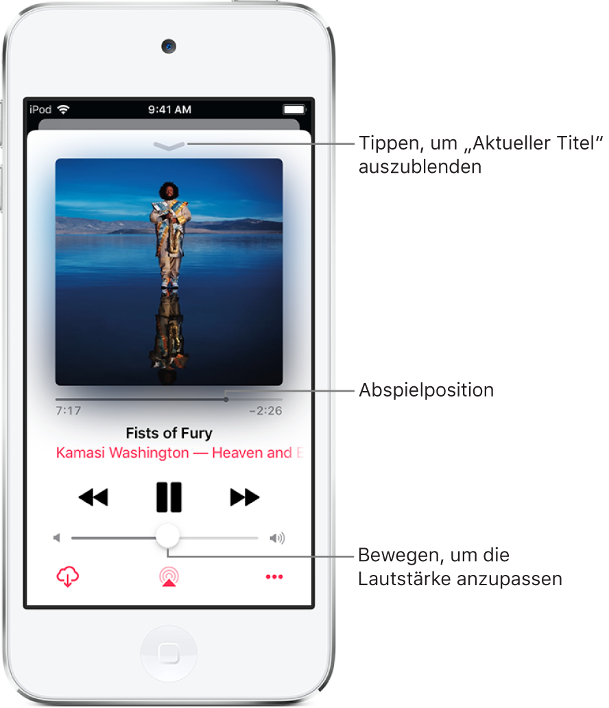 Bildschirm „Jetzt läuft“ mit dem Cover eines Albums. Darunter befinden sich die Abspielposition, die Namen des Musiktitels, des Künstlers und des Albums, die Bedienelemente für die Wiedergabesteuerung, der Lautstärkeregler, die Taste „Download“, die Taste „Wiedergabeziel“ und die Taste „Mehr“. Die Taste zum Ausblenden des Bildschirms „Jetzt läuft“ ist ganz oben.