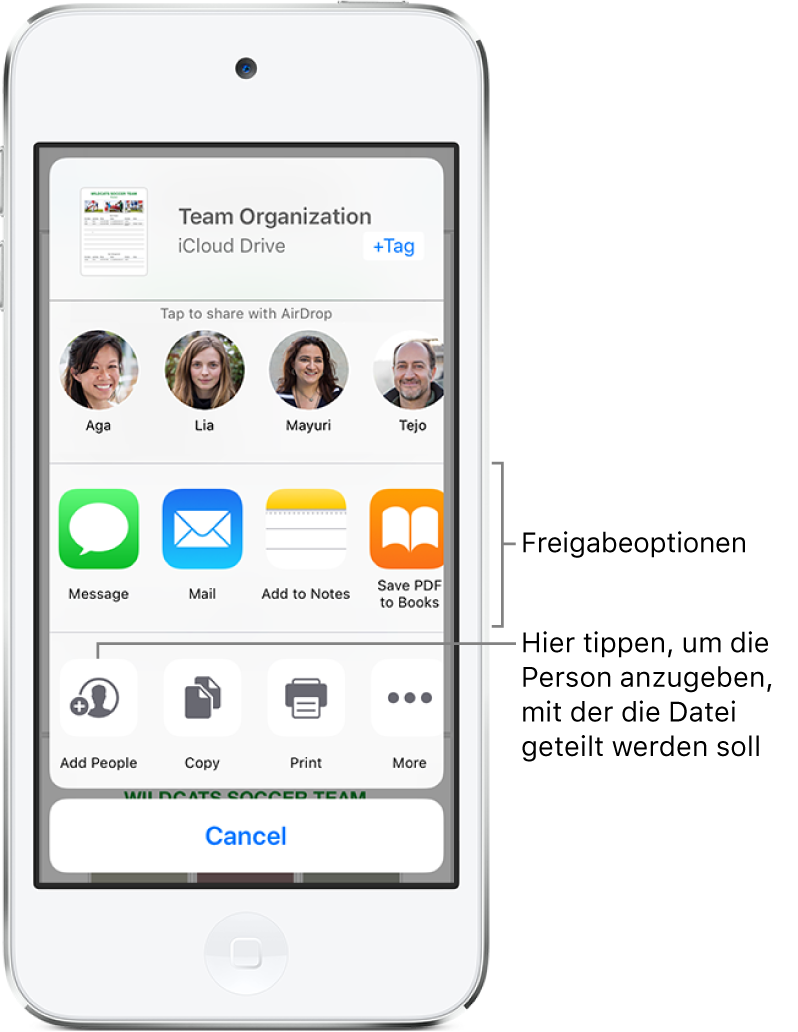 Der Bildschirm „Dateifreigabe“. Oben befindet sich die Datei, die geteilt werden soll. Darunter sind die Personen zu sehen, mit denen du Inhalte per AirDrop teilen kannst. In der Reihe darunter sind die Freigabeoptionen zu sehen, zum Beispiel „Nachricht“, „Mail“ und „Zu 'Notizen' hinzufügen“. Ganz unten befinden sich Tasten für Aktionen wie „Personen hinzufügen“, „Kopieren“ und „Drucken“.