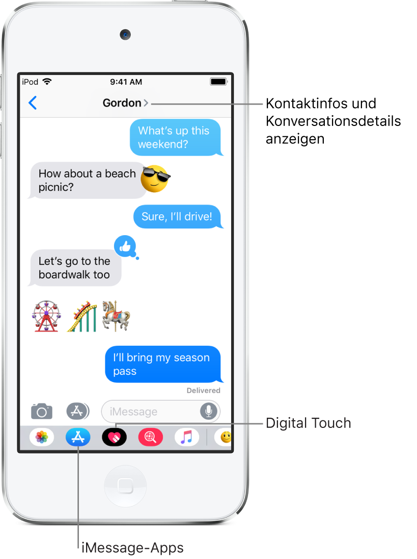 Eine Konversation in der App „Nachrichten“. Oben befinden sich von links nach rechts die Taste Zurück“ und der Name der Person, mit der du Textnachrichten austauschst. In der Mitte befinden sich die gesendeten oder während einer Konversation empfangenen Nachrichten. Am unteren Rand sind von links nach rechts die Tasten der Apps „Fotos“, „Stores“, „Hashtag-Bilder“, „Musik“, „Digital Touch“ und „iMessage“ zu sehen.