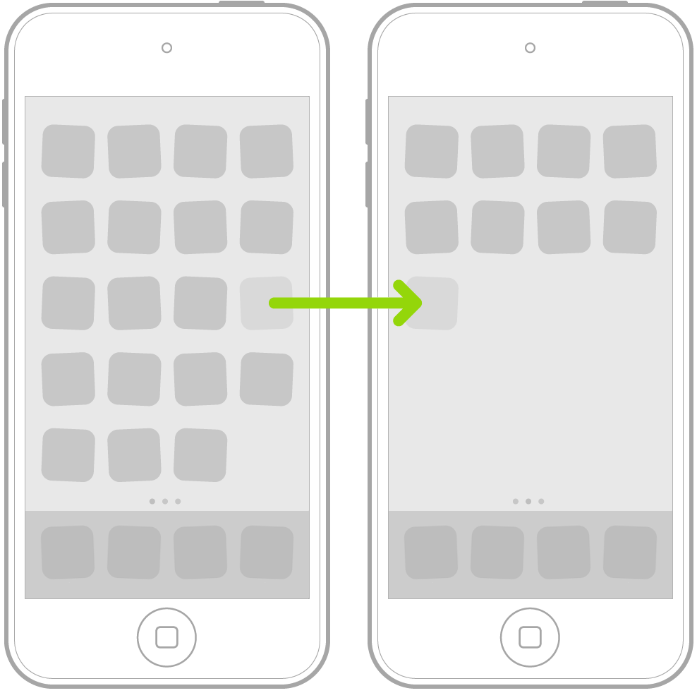 Wackelnde Symbole auf dem Home-Bildschirm und ein Pfeil, der anzeigt, dass das Symbol einer App auf die nächste Seite bewegt wird.