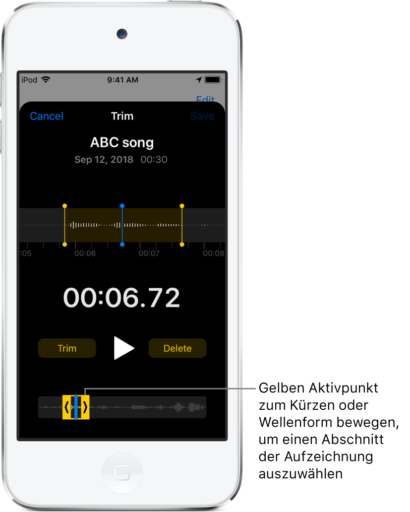 Die zu kürzende Aufnahme mit den beiden Aktivpunkten links und rechts einer Sequenz der Wellenform ist unten auf dem Bildschirm zu sehen. Über der Wellenform werden die Taste „Wiedergabe“ und der Timer für die Aufnahme angezeigt. Die Aktivpunkte befinden sich unterhalb der Taste „Wiedergabe“.