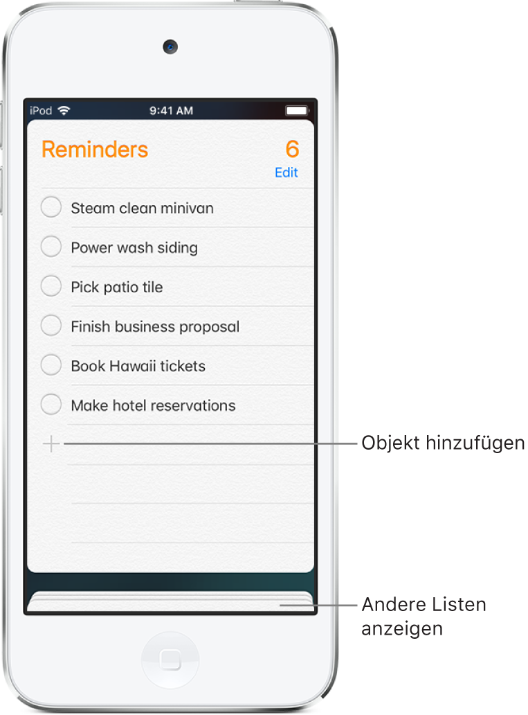 Ein Bildschirm der App „Erinnerungen“ mit einer Erinnerungsliste. Links unter der Liste ist die Taste „Hinzufügen“ zu sehen.