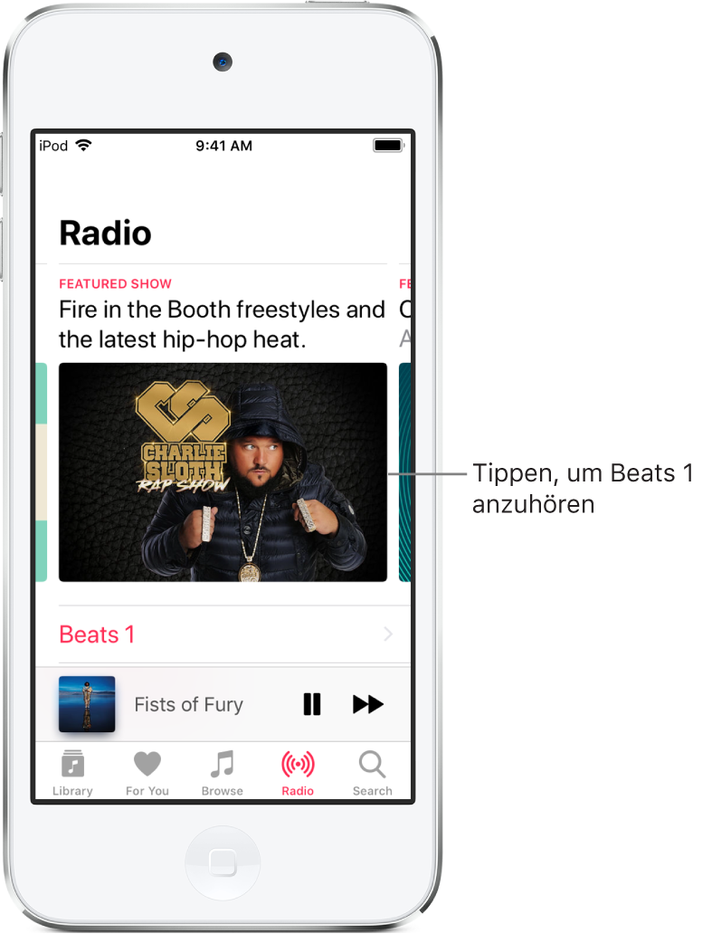 Der Bildschirm „Radio“ mit dem Sender Beats 1 oben. Darunter sind die Einträge „Beats 1“ und „Radiosender“ zu sehen.