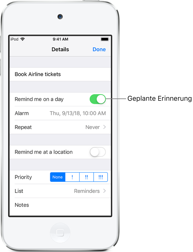 Ein Detailbildschirm der App „Erinnerungen“ mit der aktivierten Option „Tagesabhängig“ und dem festgelegten Zeitpunkt (Datum und Uhrzeit) unter der Erinnerung.