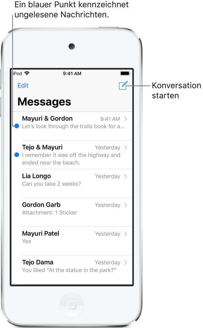 Die Liste der Nachrichten mit der Taste „Bearbeiten“ oben links und der Taste „Erstellen“ oben rechts. Ein blauer Punkt links neben einer Nachricht besagt, dass die betreffende Nachricht noch nicht gelesen wurde.