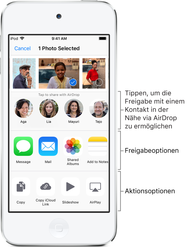 Der Bildschirm „Teilen“ für AirDrop. Oben sind Fotos zu sehen, die du auswählen und teilen kannst. Darunter sind die Personen zu sehen, mit denen du Inhalte per AirDrop teilen kannst. In der Reihe darunter sind die Freigabeoptionen zu sehen, zum Beispiel „Nachricht“, „Mail“ und „Geteilte Alben“. Ganz unten werden Optionen für weitere Aktionen angezeigt, zum Beispiel „Link kopieren“, „Diashow“ und „Zum Album hinzufügen“.