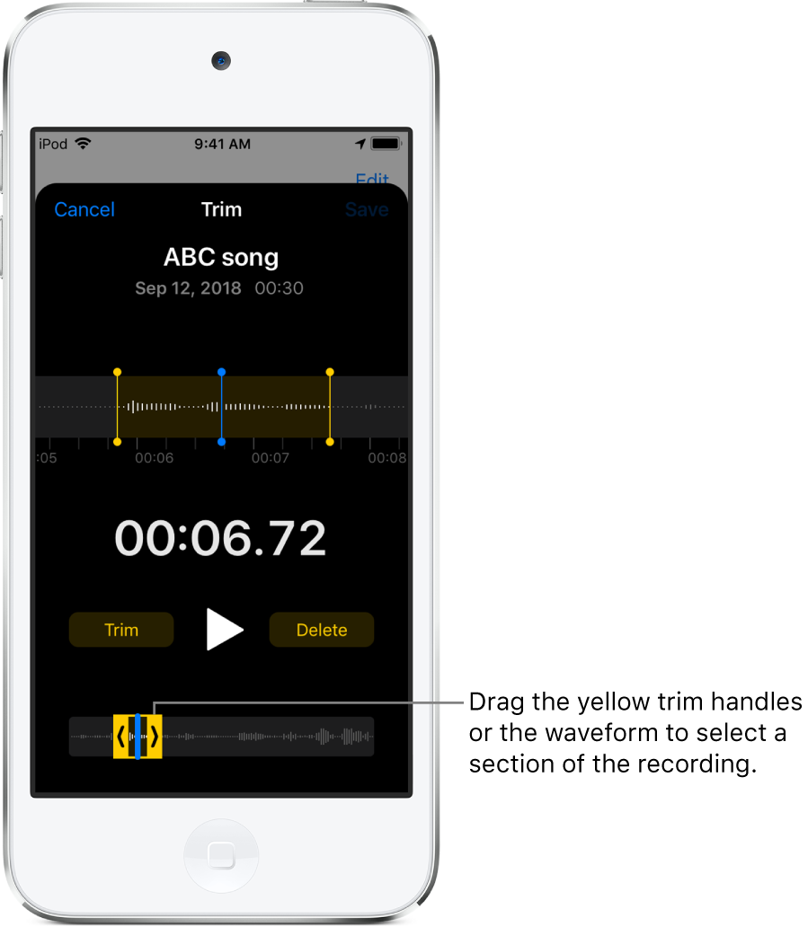 The recording being trimmed with the trim handles enclosing a portion of the audio waveform at the bottom of the screen. A Play button and a recording timer appear above the waveform. The trim handles are below the Play button.