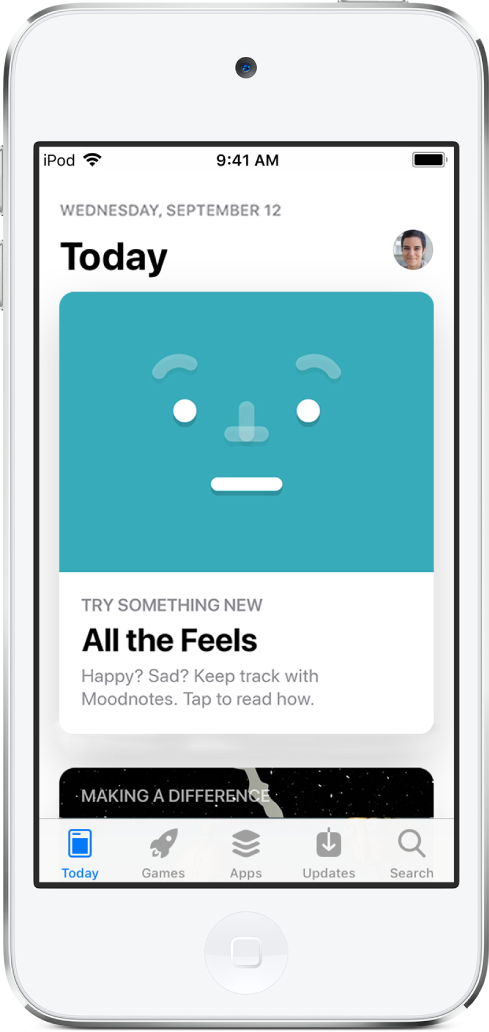 The Today screen of the App Store showing a featured app. Along the bottom, from left to right, are the Today, Games, Apps, Updates, and Search tabs.