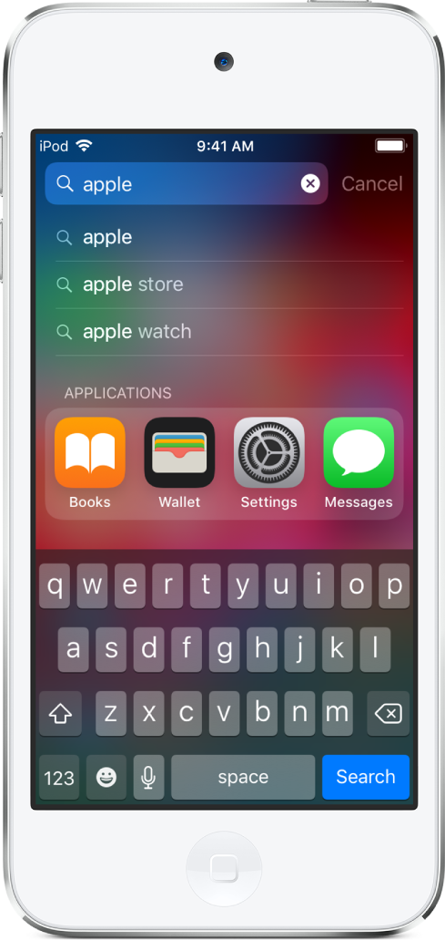A screen showing searching for content on iPod touch. At the top is the search field with the search text “apple,” and below it are search results found for the target text.