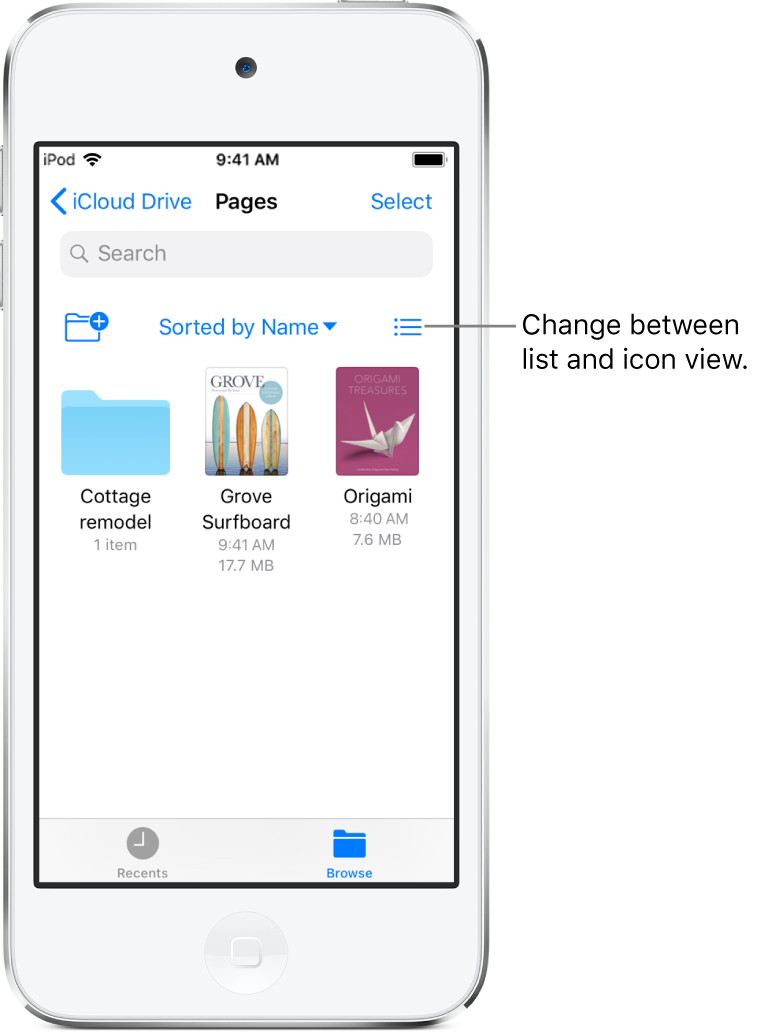 An iCloud Drive location for Pages files. The items are sorted by name and consist of a folder called Cottage remodel and two documents: Grove Surfboard and Origami.