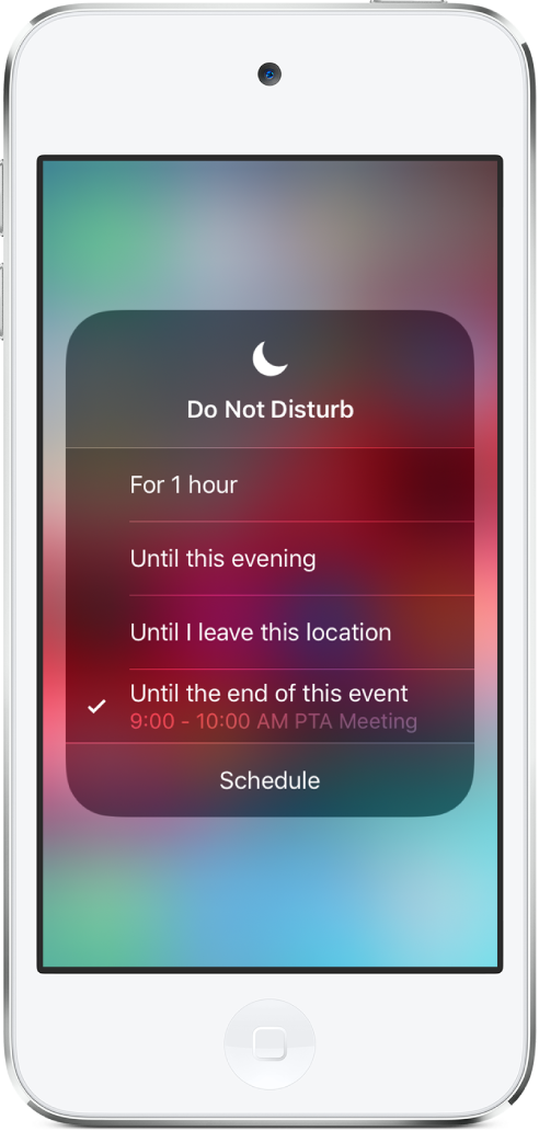 The screen for choosing how long to leave Do Not Disturb on—the options are For 1 hour, Until this evening, Until I leave this location, and Until the end of this event.