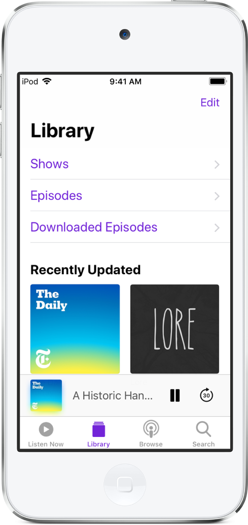The Library tab showing recently updated podcasts.