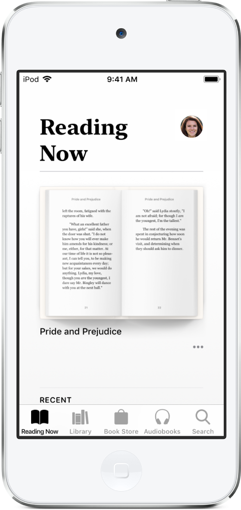 The Reading Now screen in the Books app. At the bottom of the screen are, from left to right, the Reading Now, Library, Book Store, Audiobooks and Search tabs.