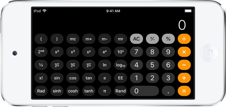 iPod touch in landscape orientation showing the scientific calculator with exponential, logarithmic, and trigonometric functions.