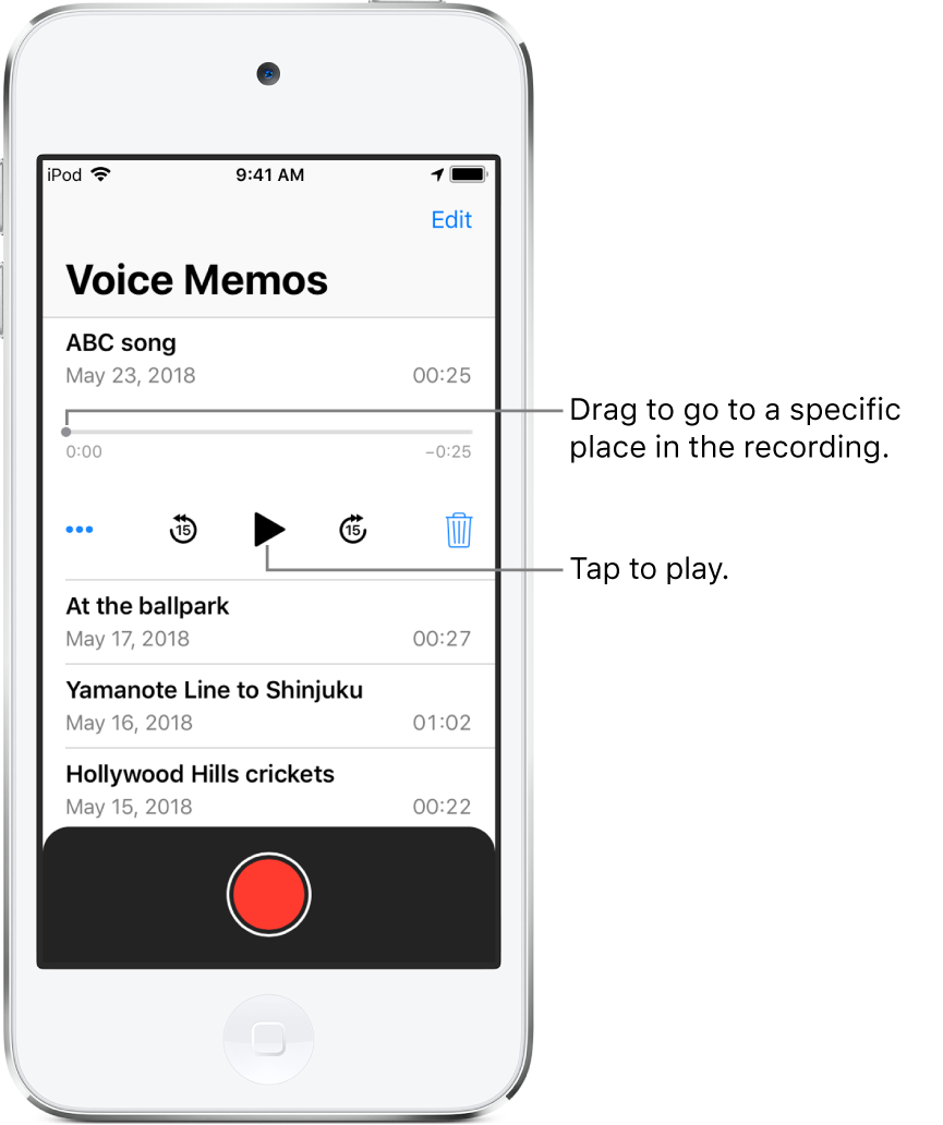 The Voice Memos list screen with a selected recording at the top. The recording timeline has a playhead, and beginning and end times at either end. Below the timeline are the More button, which you can tap to edit, duplicate, or share a recording, the skip back 15s button, the play button, the skip forward 15s button, and the delete button. Below these controls is a list of recordings that can be opened with a tap.