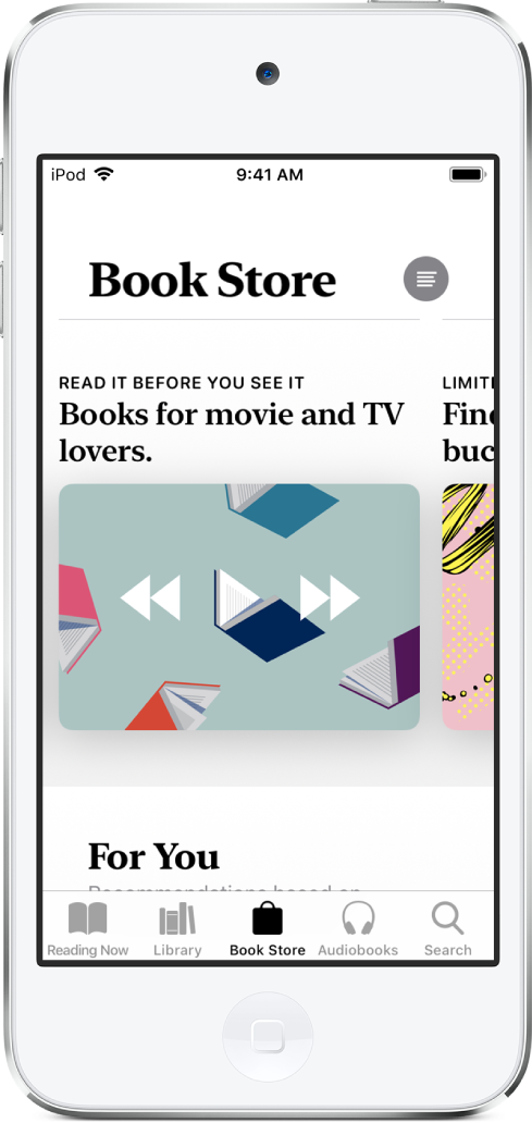 In the Books app, a screen in the Book Store. At the bottom of the screen, from left to right, are the Reading Now, Library, Book Store, Audiobooks, and Search tabs—the Book Store tab is selected. The screen also shows books and categories of books to browse and purchase.