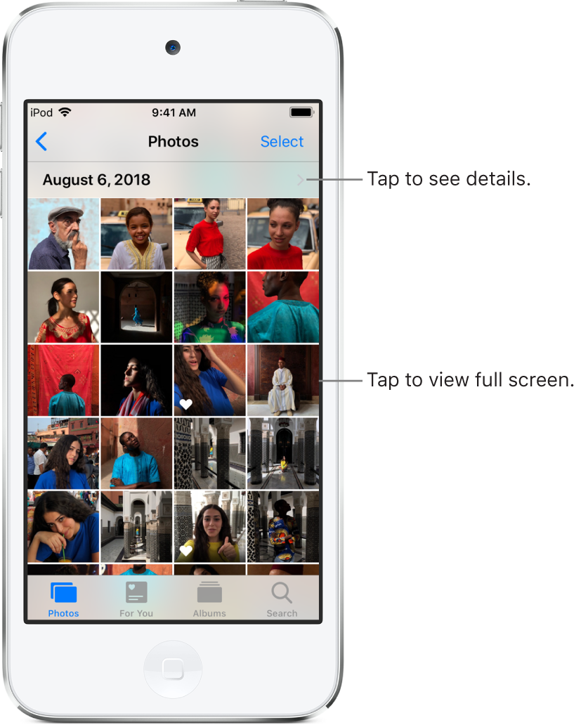 The Photos app, at the bottom of the screen from left to right are the Photos, For You, Albums, and Search tabs. The Photos tab is selected and the screen above shows a grid of photo thumbnails organized in groups by moment. Above each moment is the date the photos were taken. Tap the date to display details about the moment. Tap a photo thumbnail to display the photo in full screen.