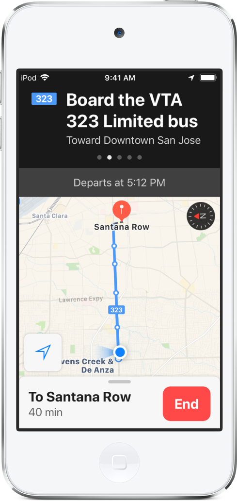 A transit map showing the stops on a bus line. A banner at the top of the screen shows an instruction to “Board the VTA 323 Limited bus toward downtown San Jose.”