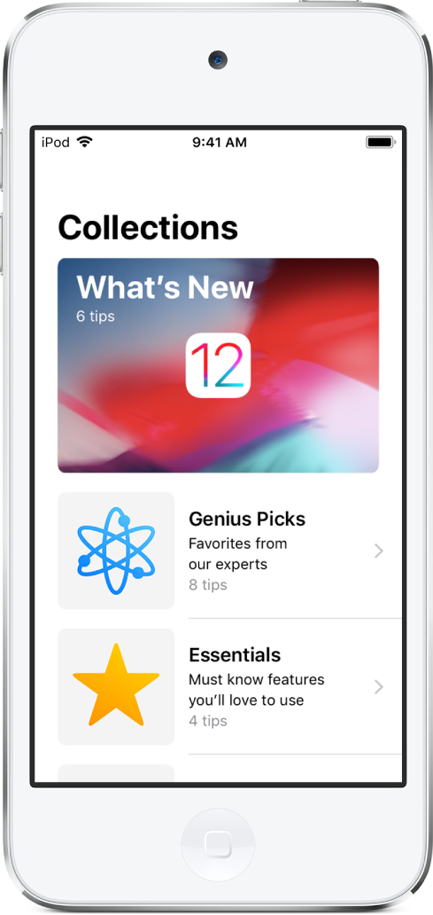 A screen showing collections of Tips with right arrows indicating that you can tap a collection to view the tips in it.