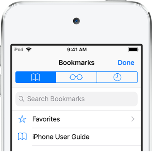 The Bookmarks screen, with options to see favorites and browsing history along with bookmarks.