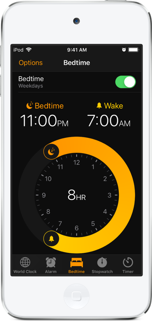 The Bedtime tab, showing the sleep time starting at 11 PM and the wake time set at 7 AM.