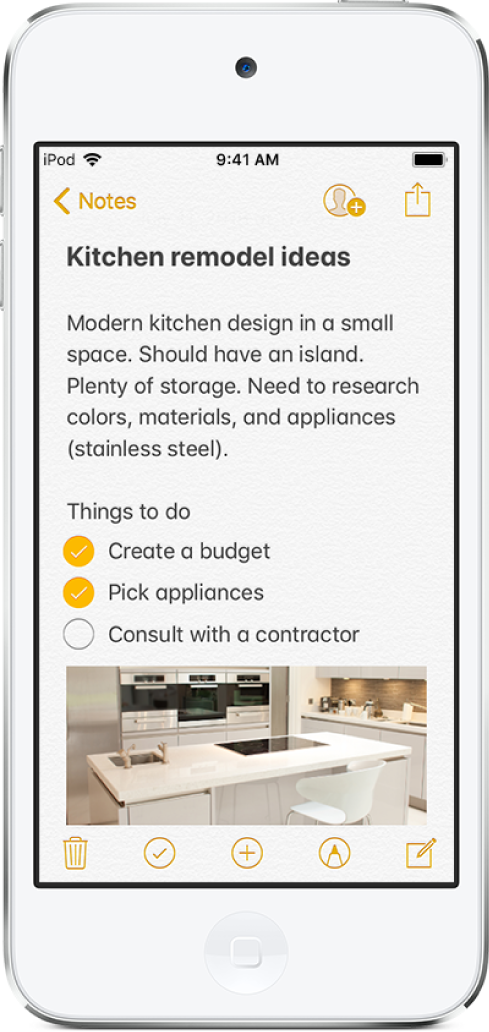 A note showing text for kitchen remodeling ideas and a to-do checklist. There are buttons to collaborate with other people on the note and to share the note. There are buttons at the bottom to delete the note, start a checklist, add an attachment, add markup, and create a new note.