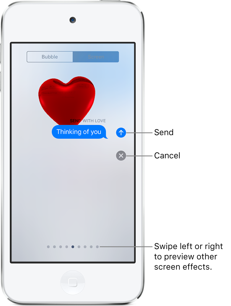 A message preview showing a full-screen effect with a red heart.