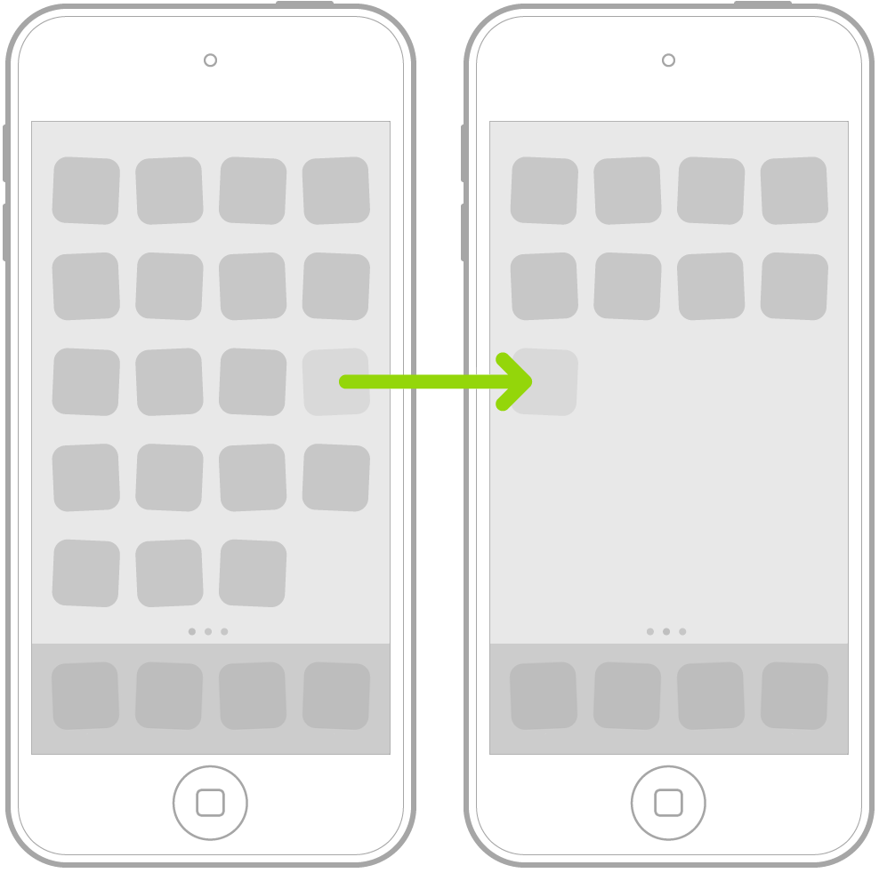 Jiggling icons on the Home screen with an arrow showing one app icon being dragged to the next page.