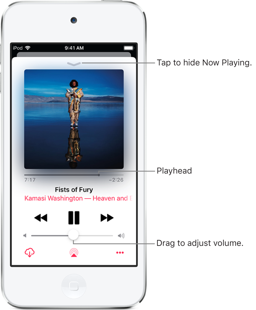 The Now Playing screen showing the album art. Below are the playhead, song title, artist and album name, play controls, Volume slider, Download button, Playback Destination button, and More button. The Hide Now Playing button is at the top.