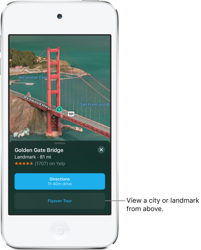 An image of a portion of the Golden Gate Bridge. At the bottom of the screen, a banner shows the Flyover Tour button below the Directions button.