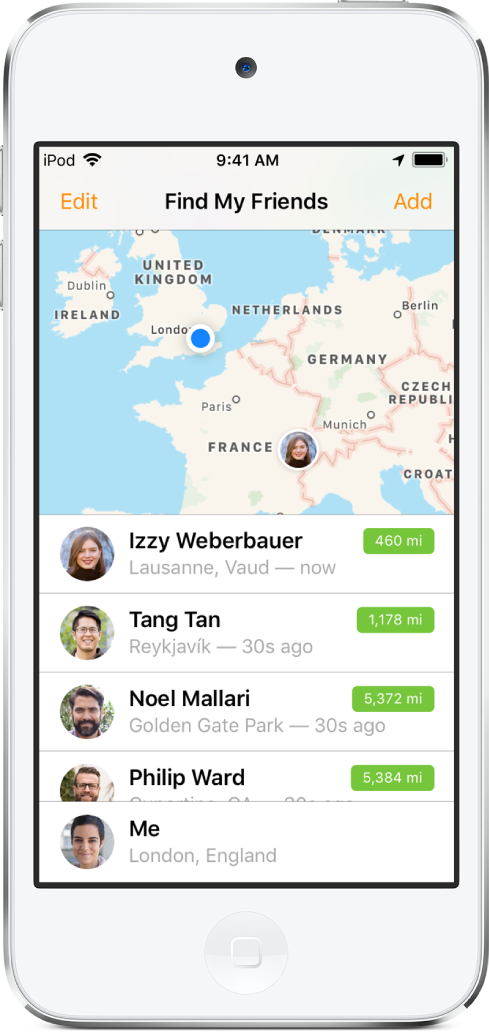 A Find My Friends screen, with a map at the top showing the locations of your friends, and a list at the bottom showing your friends’ names, their locations, and their distance from you.