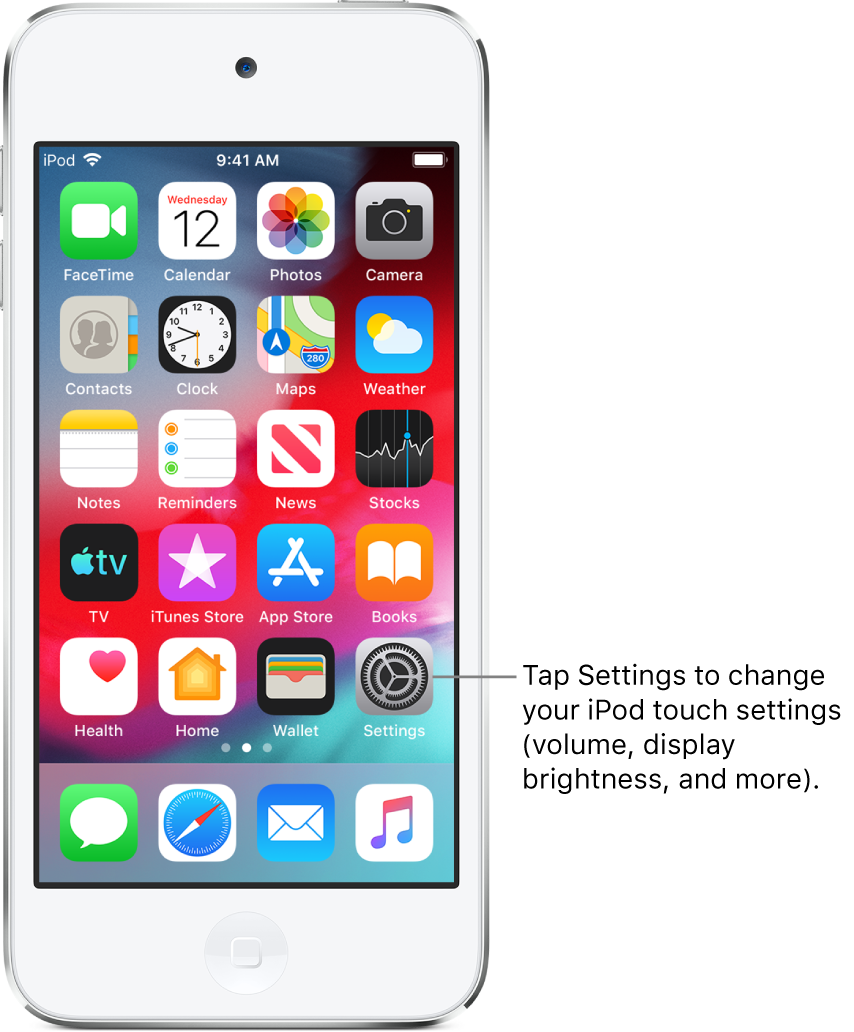 The Home screen with several icons, including the Settings icon, which you can tap to change your iPod touch sound volume, screen brightness, and more.