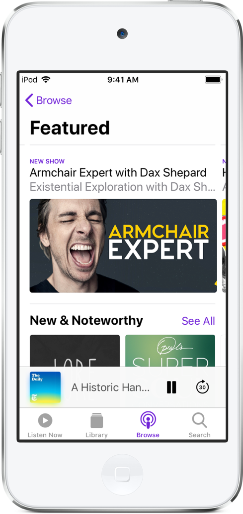 The Browse screen of the Podcasts app showing featured podcasts. At the bottom of the screen, from left to right, are the Listen Now, Library, Browse, and Search buttons.